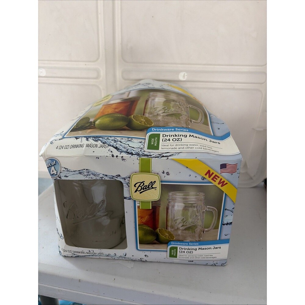 4-Pack Ball Drinking Mason Jars With Handles Set Clear Mugs 16 oz Open Box